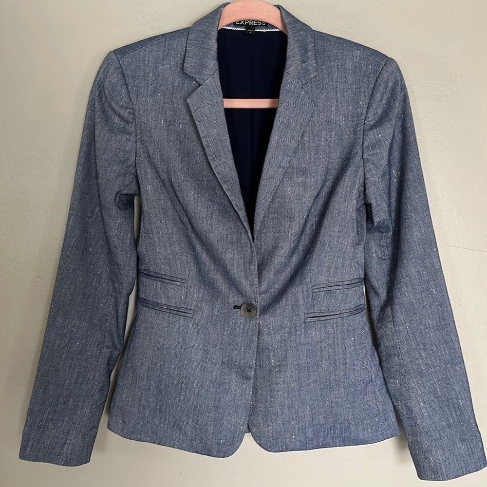 Express Notch Collar One Button Blazer - Blue Linen Blend - 0